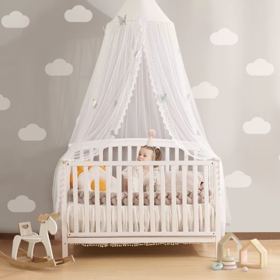 Picture of LOAOL Kids Bed Canopy with Lace Hanging Canopy Net for Baby Crib Nook Castle Game Tent Nursery Play Room Decor (Butterfly)