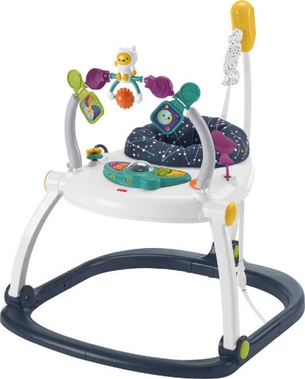 Picture of Fisher-Price Baby Bouncer SpaceSaver Jumperoo Musical Activity Center with Lights Sounds & Developmental Toys, Astro Kitty