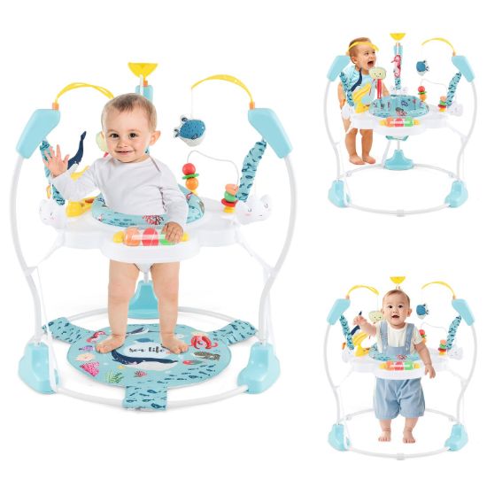 Picture of HONEY JOY Baby Bouncer Activity Center, Infant Jumper and Table w/ 360 Rotary Seat, 3 Adjustable Heights, Mat, Music, Lights, Sounds & Developmental Toys, Activity Center for Babies 6+ Months, Blue