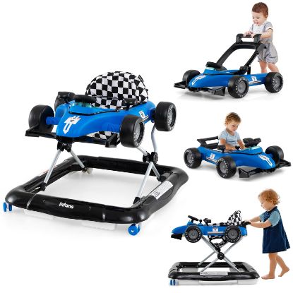 Picture of INFANS 4 in 1 Baby Walker, Foldable Toddler Activity Center with Adjustable Height, Padded Seat, Music, Light, Removable Tray, Push Walker for Girls Boys Aged 6-18 Months (Blue)