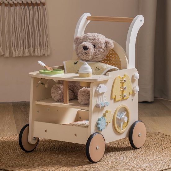 Picture of ROBOTIME Wooden Baby Walker, Baby Push Walker, Baby Activity Center Toys - Toddler Walking Activity Center Push Toys with Safety Brake, Baby Walker for Motor Skills (Rattan Doll Walker)