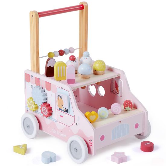 Picture of labebe Wooden Baby Walker, Push Activity Walker for Kids 12M+, Multifunctional Ice Cream Cart Activity, Adjustable Speed Learning Walking with Wheels, Birthday Gift for Girls Boys Ages 1-3 (Pink)