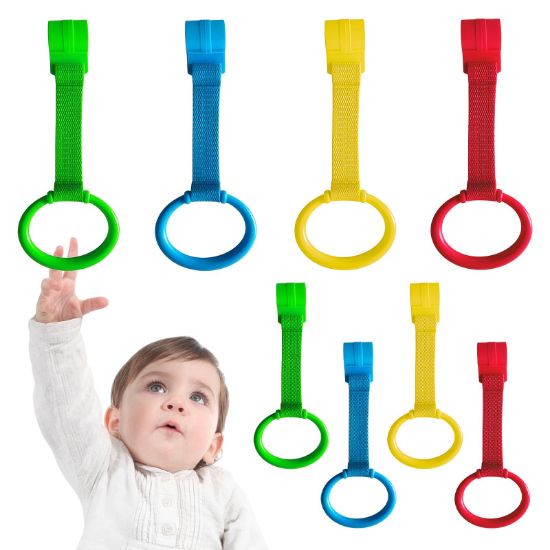 Picture of LBOYO 8Pcs Baby Playpen Pull up Rings, Premium Baby Pull up Rings for Play Pen Standing up, Plastic Safety Walking Exercises Assistant Rings for Infants Babies Toddler, 4 Colors.