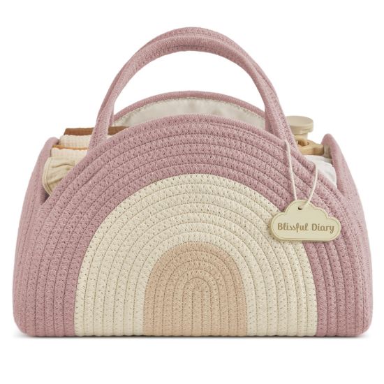 Picture of Blissful Diary Baby Diaper Caddy Organizer, Cotton Rope Diaper Caddy Basket, Large Storage Basket for Newborn Boys and Girls, Gift for Baby Shower List, Newborn Essentials, Blush Rainbow