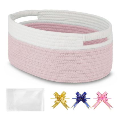 Picture of BOSROTY Small Woven Basket with Gift Bags and Ribbons, Empty Baby Gift Baskets, Shelf Storage, Small Cat Dog Pet Toy Boxes, 13x 9x 5.5, Light Pink
