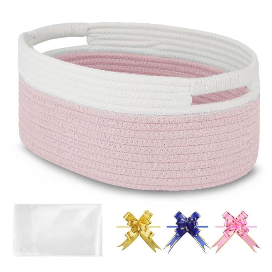 Picture of BOSROTY Small Woven Basket with Gift Bags and Ribbons, Empty Baby Gift Baskets, Shelf Storage, Small Cat Dog Pet Toy Boxes, 13x 9x 5.5, Light Pink