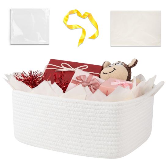 Picture of OIASKET Basket for Gifts Empty, Woven Storage Basket with Gift Bag, Ribbon and Wrap Tissue Paper, Small Rope Toy Storage with Handles for Baby Shower, Dog Toy Organizer, 13.6" x 10" x 5.9