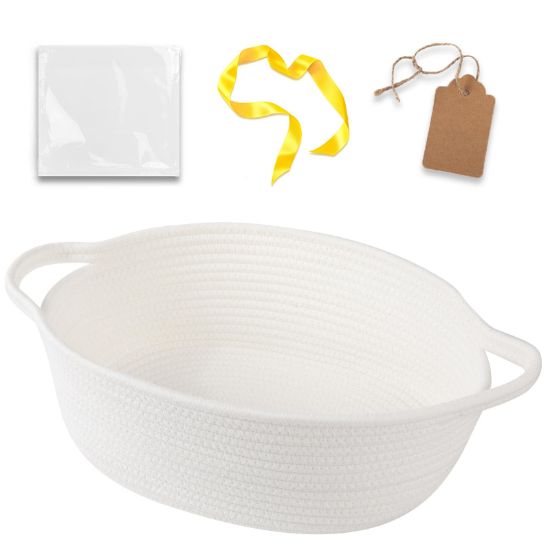 Picture of OIAHOMY Small Woven Basket with Gift Bags, Ribbons & DIY Label Card, Baskets for Gifts Empty, Small Rope Basket 12 * 8 * 5IN, Cute Decorative baskets with Handles for Baby Pets, Toys, White