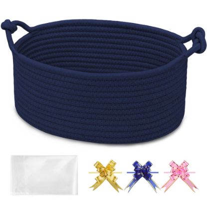 Picture of BOSROTY Baby Gift Baskets Empty with Handle, Small Woven Basket with Gift Bags and Ribbons, Decorative Organizer Box for Baby Pet Toy, 12" x 8" x 5", Navy Blue