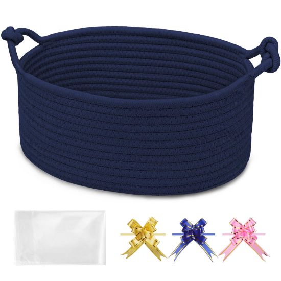 Picture of BOSROTY Baby Gift Baskets Empty with Handle, Small Woven Basket with Gift Bags and Ribbons, Decorative Organizer Box for Baby Pet Toy, 12" x 8" x 5", Navy Blue