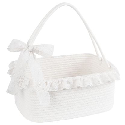 Picture of OIAHOMY Gift Basket with Long Handles, Large Woven Baskets for Gifts with Gift Bag, Ribbons and Lace, Cotton Rope Storage Basket for Birthdays, Baby Showers, Picnic, Wedding DIY Presents - White