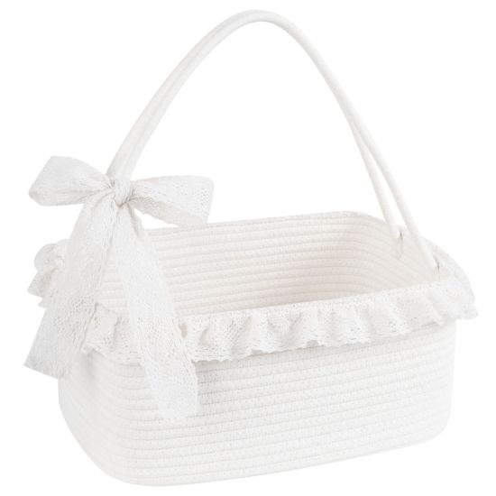 Picture of OIAHOMY Gift Basket with Long Handles, Large Woven Baskets for Gifts with Gift Bag, Ribbons and Lace, Cotton Rope Storage Basket for Birthdays, Baby Showers, Picnic, Wedding DIY Presents - White