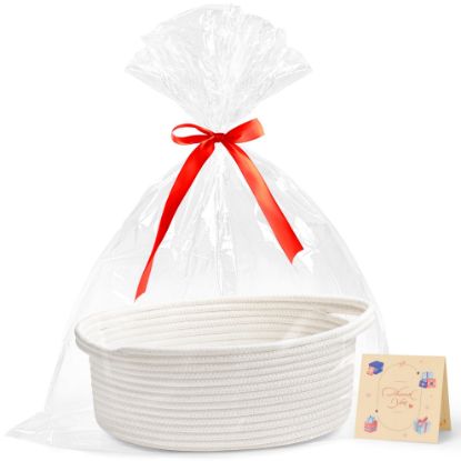Picture of Yeeeasy Small Woven Basket with Gift Bags and Ribbons Cute Baskets for Gifts Empty 12"x8"x5" Small Rope Toy Basket for Babies White Baskets for Storage