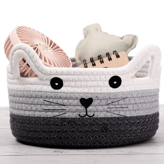 Picture of Zopeal Cat Basket Storage Woven Organizer with Ears Easter Decorative Gift Pet Toy Cute Cotton Rope Basket for Gift Cat Dog Toy Bin Nursery Room(8.3 x 4.7 Inch,White, Light Gray and Gray)