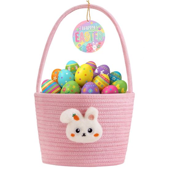 Picture of Yeeeasy Easter Basket for Kids, Adorable Plush Bunny Face Woven Egg Hunt Bucket with Handle, Soft First Easter Gift Tote Bag, Nursery Toy Storage Bin with Tag, Pink