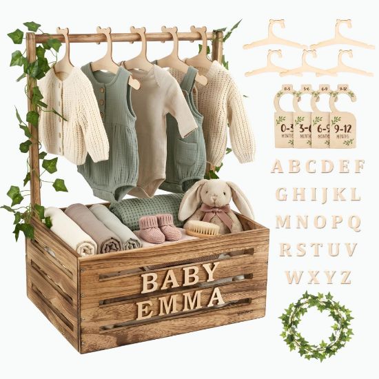 Picture of Lifemories Wooden Baby Shower Crate Closet & Basket with Hanger Rack - Customizable Gift Basket with 2x Alphabet Letter Sets, Hangers, Dividers, Ivy Garland,Nursery Decor Girls Boys(Rustic Burnt Wood)