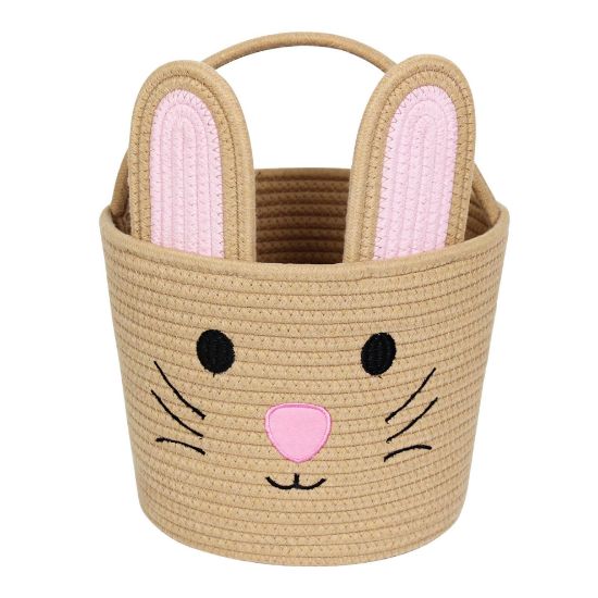 Picture of WILLITAT Easter Basket for Kids, Woven Cotton Rope Storage Egg Bucket with Rabbit Ears Handle, Reusable Egg Hunt Gift Basket Empty for Baby Girls Boys, Nursery Decor, Cute Kids Toy Storage, Brown