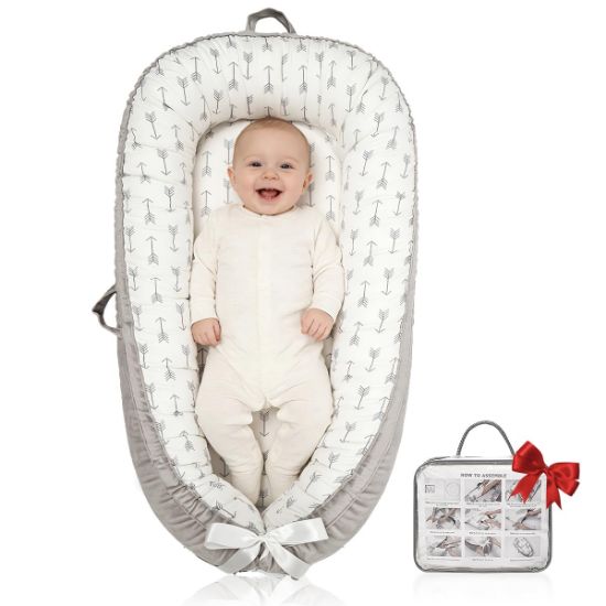 Picture of Baby Support Cushion | Organic Cotton Infant Floor Support Cushion | Reversible, Adjustable & Portable Floor Support | Soft, Breathable, Washable Cover (Grey Arrow)