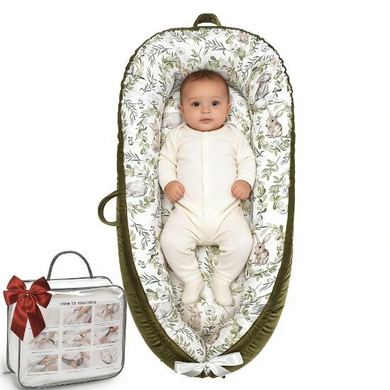 Picture of Baby Lounger-Breathable and Soft Organic Cotton, Portable Infant Lounger with Removable Lounger Cover, Baby Nest Lounger for Newborn - Green Rabbit