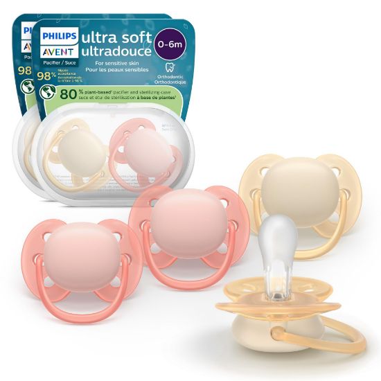 Picture of Philips Avent Ultra Soft Pacifiers - Orthodontic Design, for Babies 0-6 Months, Flexible Shield, Silicone Symmetrical Nipple, BPA-Free, 2 Sterilizing Cases, 4 Pack, SCF091/47