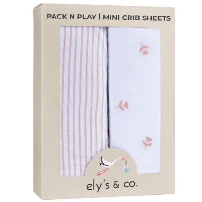 Picture of Elys & Co. Pack and Play Sheets, for Mini/Portable Crib, 2 Pack Fitted Playpen Play Yard Sheet Set Compatible with Graco Pack n Play, for Baby Girls, Cotton, Pink Tulips and Stripes, 38x24x5