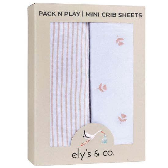 Picture of Elys & Co. Pack and Play Sheets, for Mini/Portable Crib, 2 Pack Fitted Playpen Play Yard Sheet Set Compatible with Graco Pack n Play, for Baby Girls, Cotton, Pink Tulips and Stripes, 38x24x5