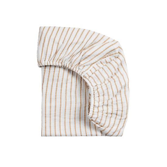 Picture of Meracorallo Muslin Mini Crib Sheet, Pack n Play Fitted Sheet, Soft and Breathable Pack and Play Playard Mattress Sheet for Baby Boys and Girls (Neutral Stripe)