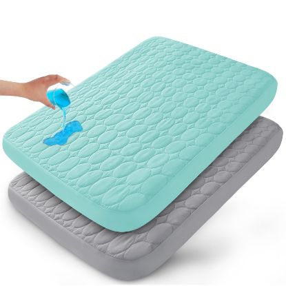 Picture of Pack and Play Sheets Fitted Quilted Waterproof Protector, 2 Pack Playard Mattress Pad Compatible with Graco Pack n Play, Mattress Cover fits for Baby Playpen Mattress, Mini Crib, Gray & Aqua