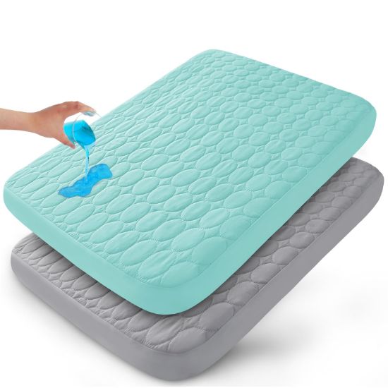 Picture of Pack and Play Sheets Fitted Quilted Waterproof Protector, 2 Pack Playard Mattress Pad Compatible with Graco Pack n Play, Mattress Cover fits for Baby Playpen Mattress, Mini Crib, Gray & Aqua