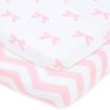 Picture of Pack and Play Sheets Fitted - for Graco Pack n Play Playard - 2 Pack - Snuggly Soft Jersey Cotton Mini Crib Mattress Sheets Set for Baby Girl - Pink Bows, Chevron