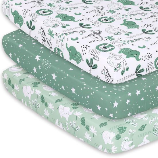 Picture of The Peanutshell 3-Pack Fitted Playard Sheets - Soft & Breathable Baby Boy or Girl Mini Crib Sheets, Pack N Play Mattress, Fits Standard Playard Pack Play Mattresses - Green Safari