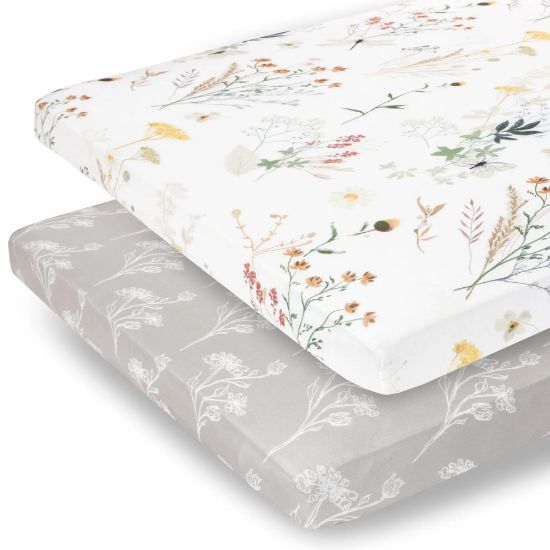 Picture of Pobibaby - 2 Pack Premium Pack N Play Sheets Fitted for Standard Pack and Plays and Mini Cribs - Ultra-Soft Jersey Knit, Stylish Floral Pattern, Safe and Snug for Baby (Wildflower)