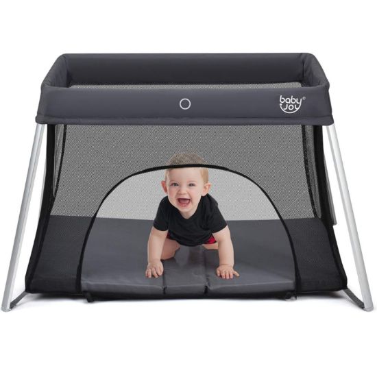 Picture of BABY JOY Baby Foldable Travel Crib, 2 in 1 Portable Playpen with Soft Washable Mattress, Side Zipper Design, Lightweight Installation-Free Home Playard with Carry Bag, for Infants & Toddlers (Grey)