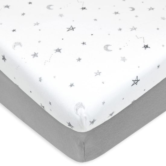 Picture of American Baby Company 2 Pack Natural Cotton Fitted Pack and Play Sheets 39" x 27" - Soft & Breathable Pack N Play Sheets for Playard & Mini Crib Mattress, Gray Star and Gray, for Boys & Girls