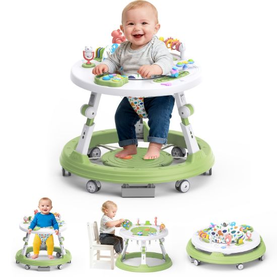 Picture of 4-in-1 Foldable Activity Center- Baby Walker with Wheels, 360-degree Rotatable Play Tray, 3-Stage Adjustable Height, for Boys and Girls 6-18 Months, Music and Lights(Green)