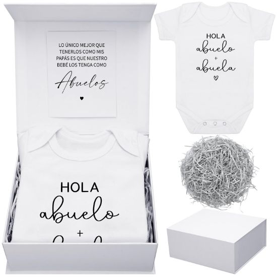 Picture of Shyyween 4 Pcs Pregnancy Announcement for Abuelos, Hola Abuelos Baby Bodysuit Pregnancy Reveal Card Baby Announcement Gift Box with Gifts Set