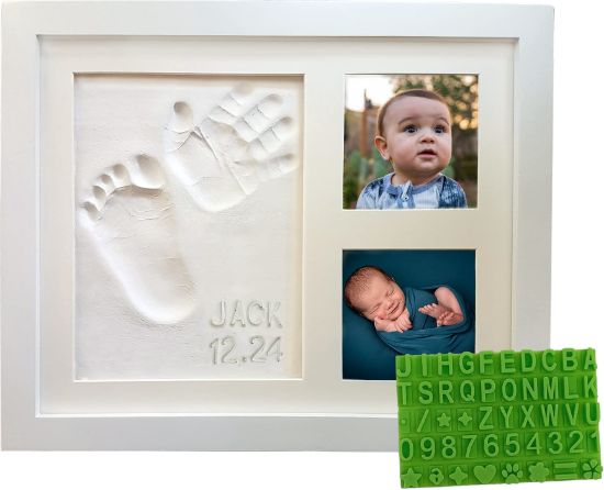 Picture of Baby Hand & Footprint Frame Keepsake Kit | Capture Milestone Moments with Safe Clay, Stencil Set & Wood Frame | Perfect Newborn Gift for Baby Showers | White
