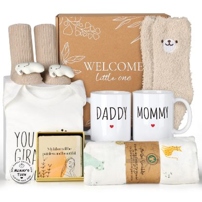 Picture of New Mom Gifts for Women, 9pcs Pregnancy Gifts for Expecting Mom, Cute Baby Gifts New Parents Gifts for Couples w/Mom and Dad Mugs for Gender Reveal Baby Shower First Time Mom to be Gifts(Khaki)