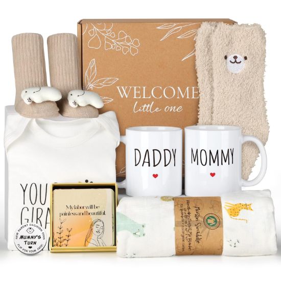 Picture of New Mom Gifts for Women, 9pcs Pregnancy Gifts for Expecting Mom, Cute Baby Gifts New Parents Gifts for Couples w/Mom and Dad Mugs for Gender Reveal Baby Shower First Time Mom to be Gifts(Khaki)