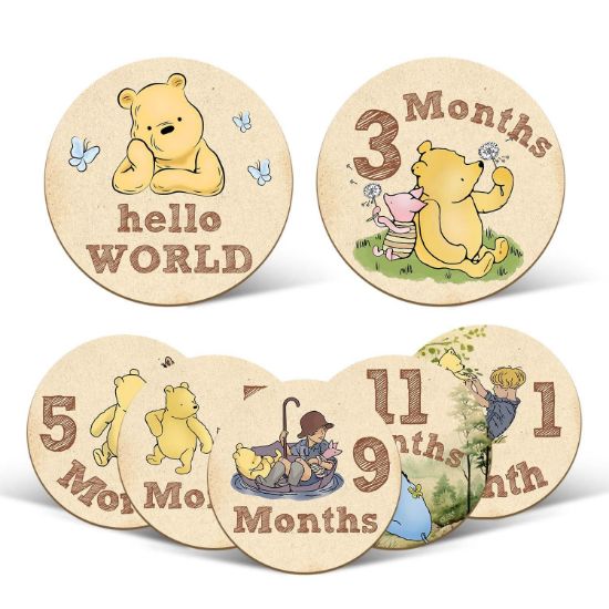 Picture of 7 Pcs Winnie Baby Monthly Milestone Markers, Winnie Double Sided Winnie Baby Months Wooden Signs with Storage Bag, Winnie Baby Monthly Announcement Wooden Discs, Winnie Milestone Pictures of Newborn