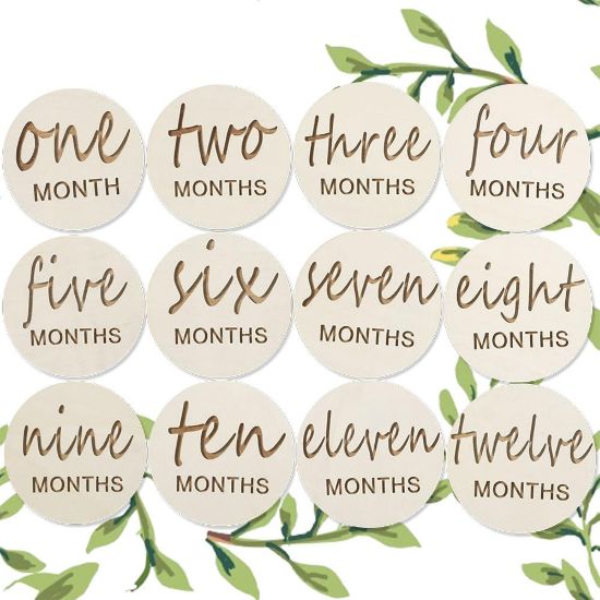 Picture of Wooden Baby Monthly Milestones for Newborn Baby,1-12 Months Baby Announcement Discs, Pregnancy Baby Shower Gifts (Wooden Milestone Discs)