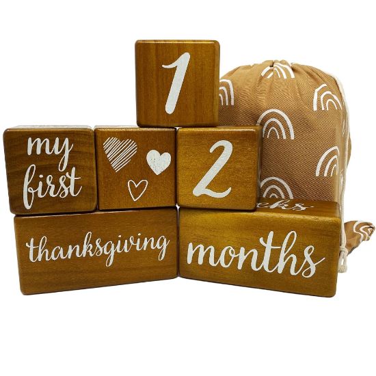 Picture of Pondering Pine Baby Milestone Blocks - Natural Brown Stain Pine Wood with Weeks Months Years Grade and Holidays, Newborn Weekly Monthly First Year Picture Props, 6 Block Milestones Age Set with Bag