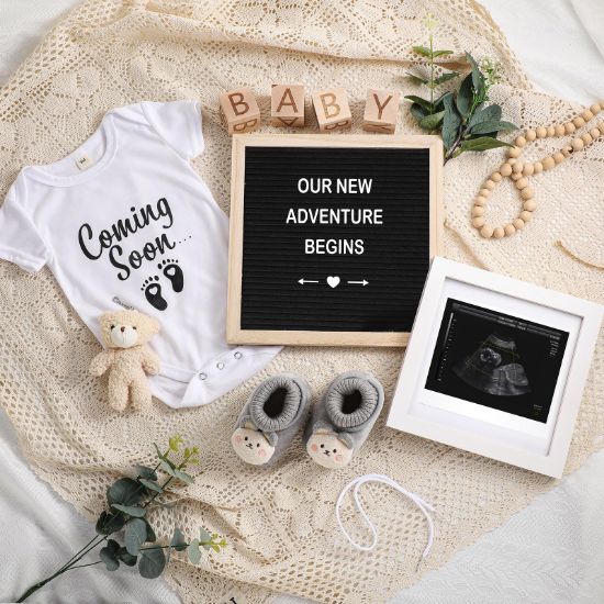 Picture of Canlierr 9 Pcs Pregnancy Announcement Set Pregnancy Reveal Ideas Felt Letter Board Baby Bodysuit Booties Photo Frame Bear Plush Wood Blocks for Coming Soon Baby Announcement(Black)