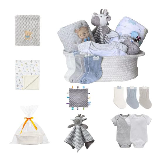 Picture of CREVENT Gift Set for Girls Boys -Diaper Caddy Organizer Basket with 2 Blankets, 1 Taggie, 1 Lovey, 3 Socks2 Baby Bodysuits1 Gift Bag with Ribbon - Newborn Essential Baby Shower