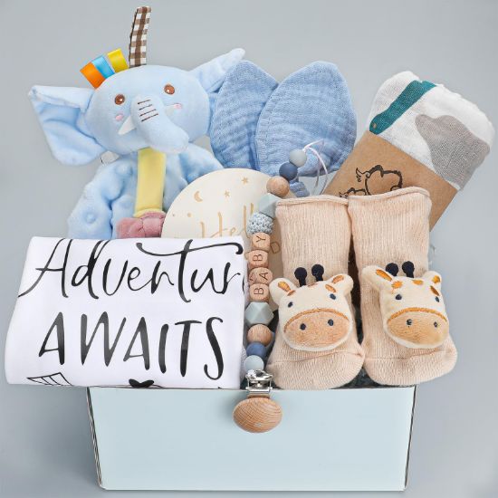 Picture of pengtai Newborn Baby Boy Gift Basket for Boy, Welcome Home Gift Set with Swaddle Blanket, Clothes, Baby Essentials, Baby Boy Gift Box, Gender Reveal Gift Set