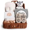 Picture of iAOVUEBY Baby Shower Gifts, Baby Gifts for Girls Boys, Unique Baby Gifts Basket Essentials Stuffs - Baby Lovey Blanket Newborn Bibs Socks Wooden Rattle & Greeting Card, Newborn Baby Gift Set