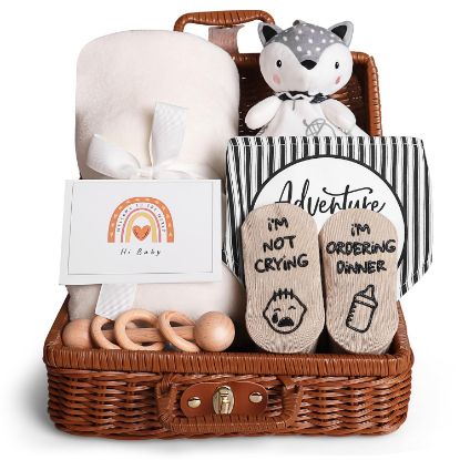 Picture of iAOVUEBY Baby Shower Gifts, Baby Gifts for Girls Boys, Unique Baby Gifts Basket Essentials Stuffs - Baby Lovey Blanket Newborn Bibs Socks Wooden Rattle & Greeting Card, Newborn Baby Gift Set