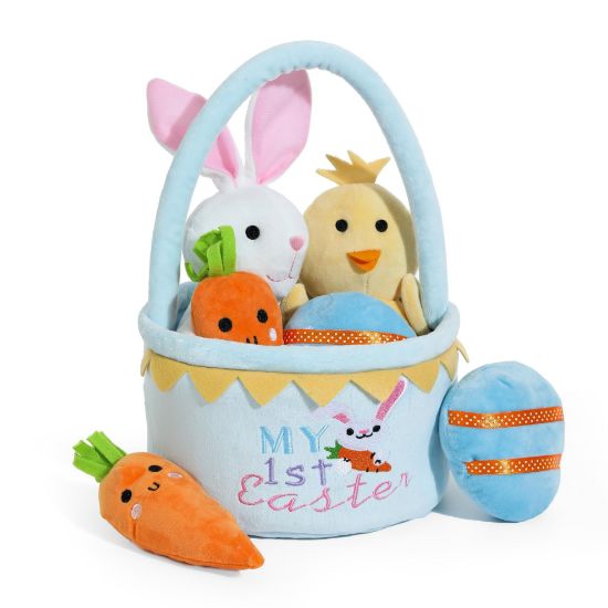 Picture of Lofytain My First Easter Basket Stuffed Plush Playset Baby's First Easter Basket Stuffed Cartoon Bunny Easter Egg Plush Basket for Kids 5pcs (Blue)