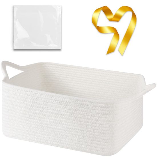 Picture of OIASKET Large Empty Gift Baskets for Baby Shower, 16.5" L x 12.6" W x 7" H Cute Woven Storage Basket with Gift Bags and Ribbons, Small Rope Toy Basket with Handles, Cat Dog Pet Toy Organizer - White