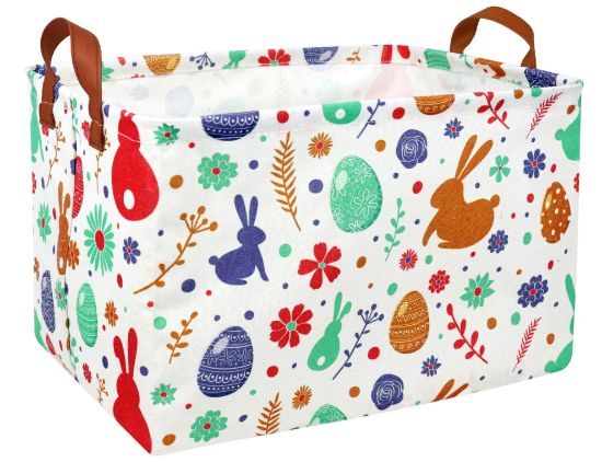Picture of BOOHIT Rectangle Empty Easter Baskets Boy Large Toy Storage Bin Girls collapsible Hamper Waterproof Canvas Box Kid Gifts Spring Decor( boho Red Rabbit )